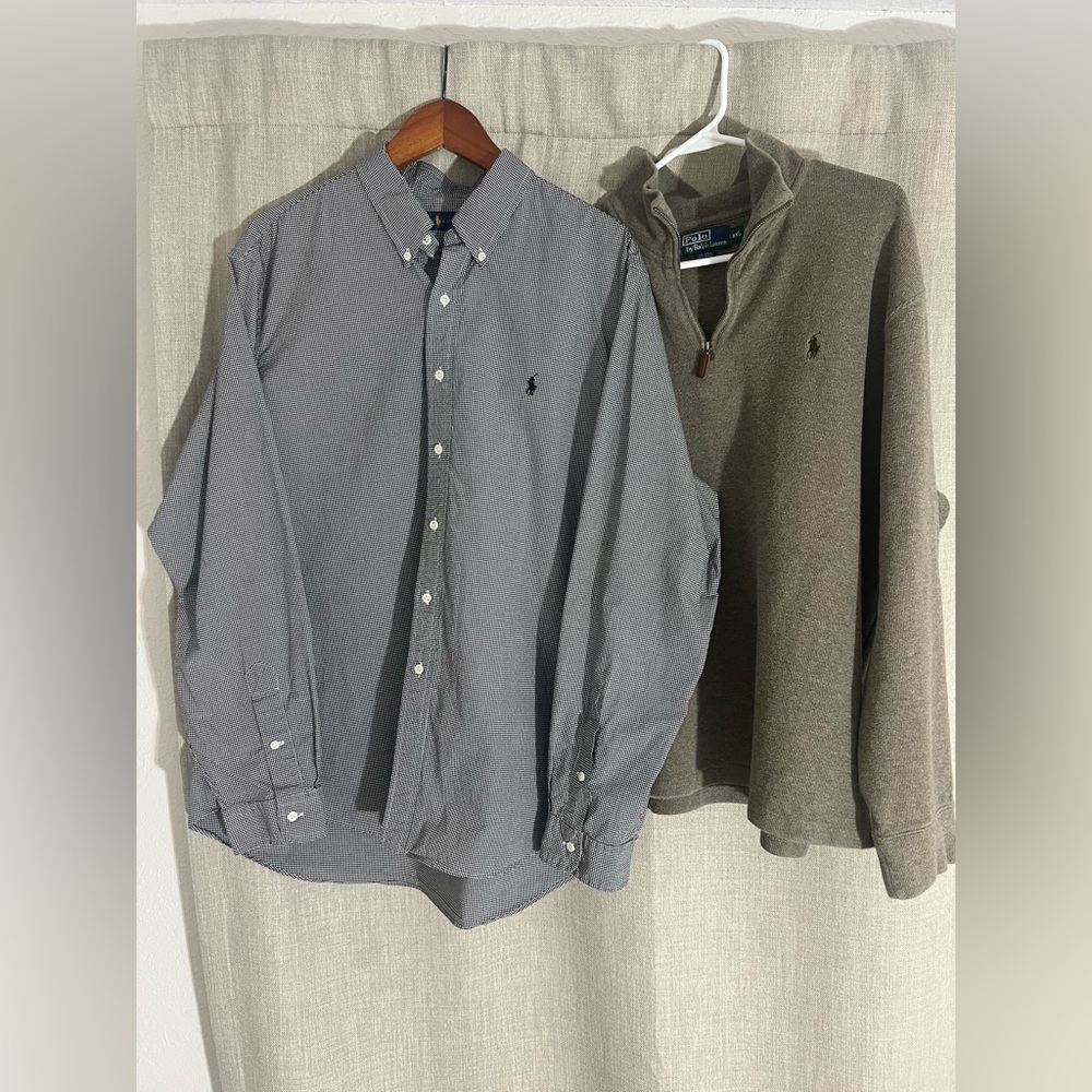 Lot Of 2 Men’s Ralph Lauren B&W Check Buttondown, Brown 1/4 Zip Sweater Size XXL